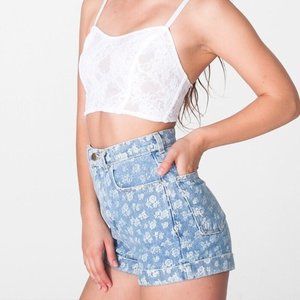 American Apparel Blue Denim with White Floral High Rise Cuffed Shorts 31"